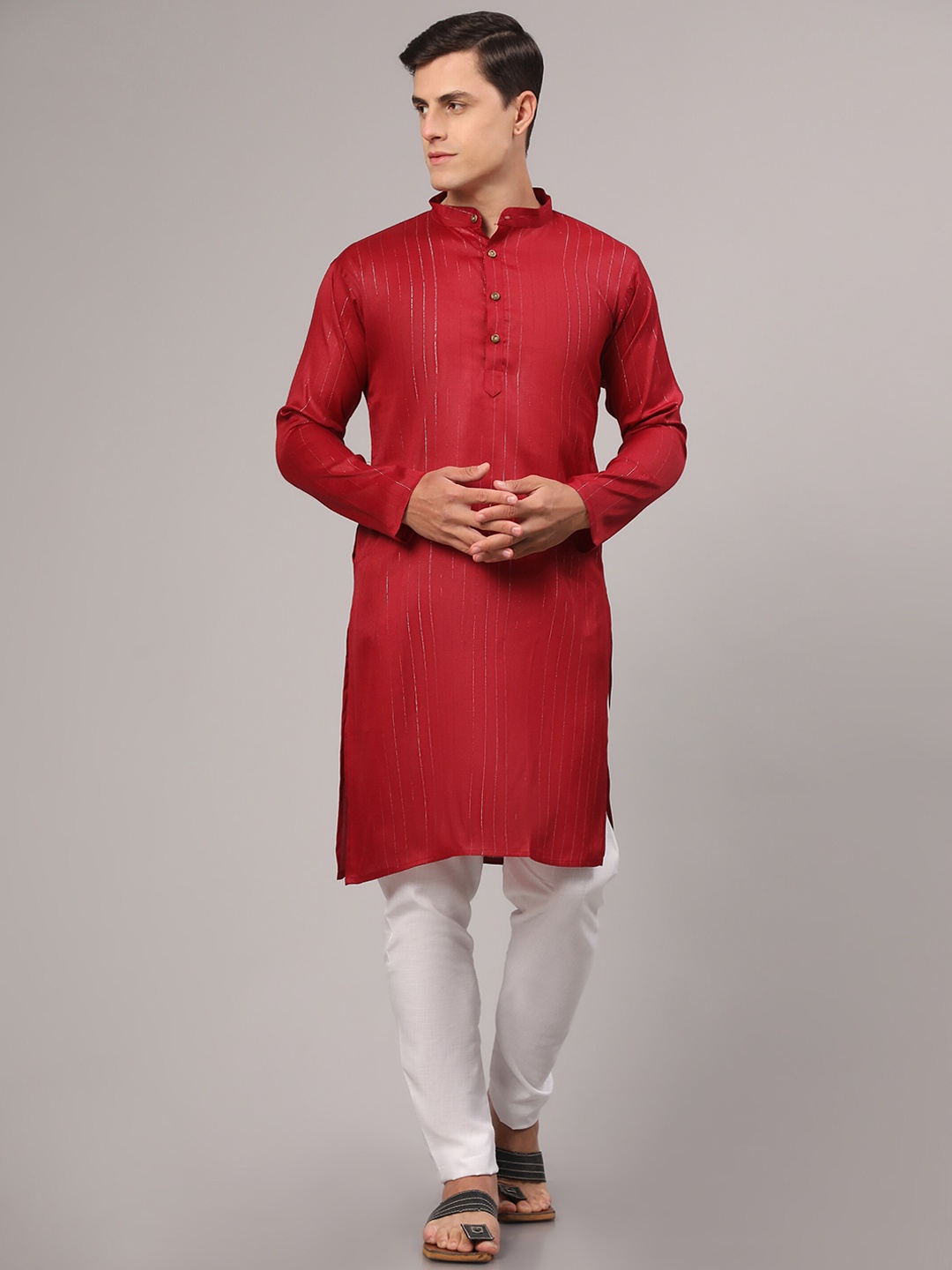 

Murta Trends Mandarin Collar Striped Regular Kurta with Pyjamas, Maroon