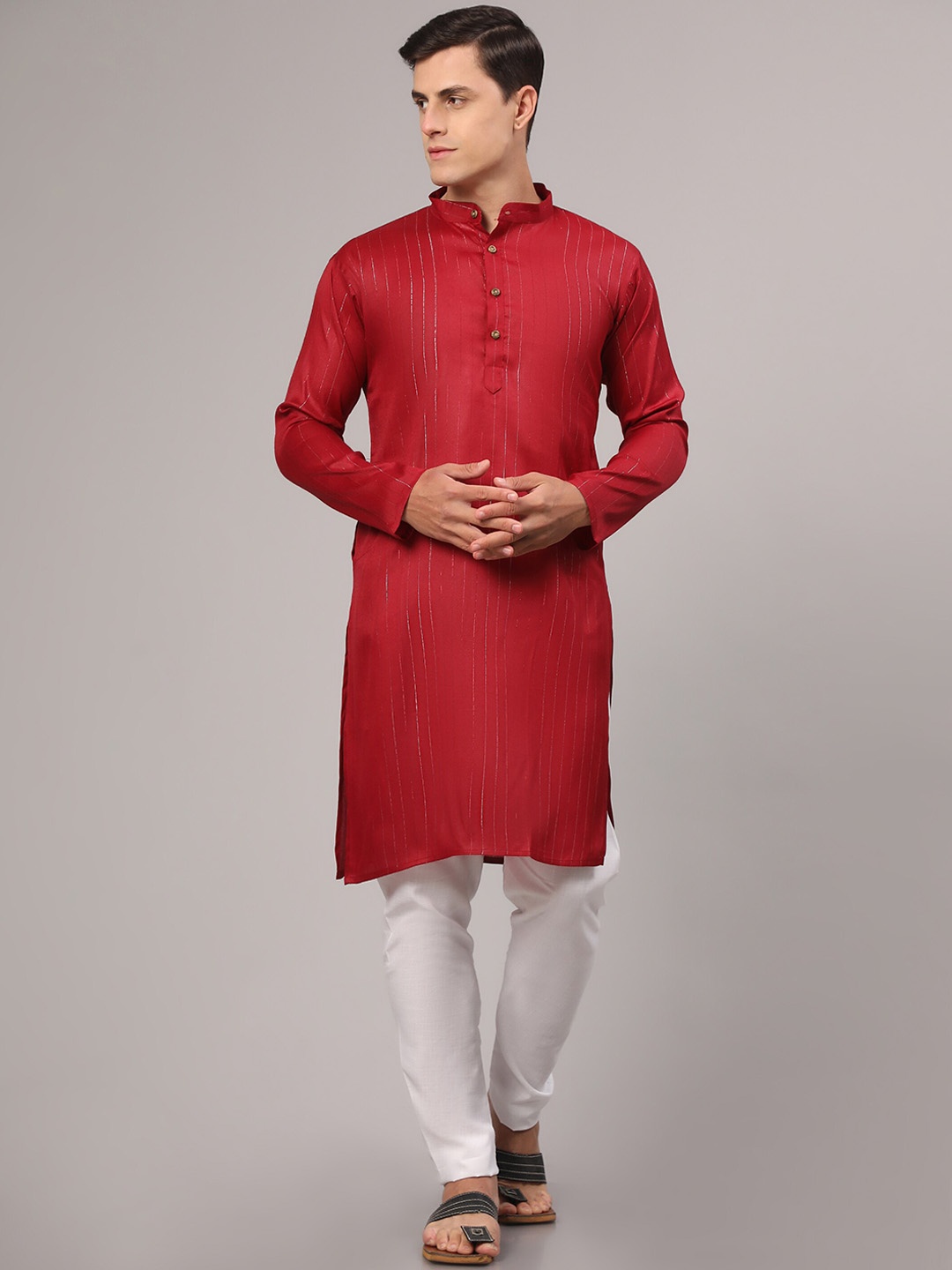 

Murta Trends Mandarin Collar Striped Regular Kurta with Pyjamas, Maroon