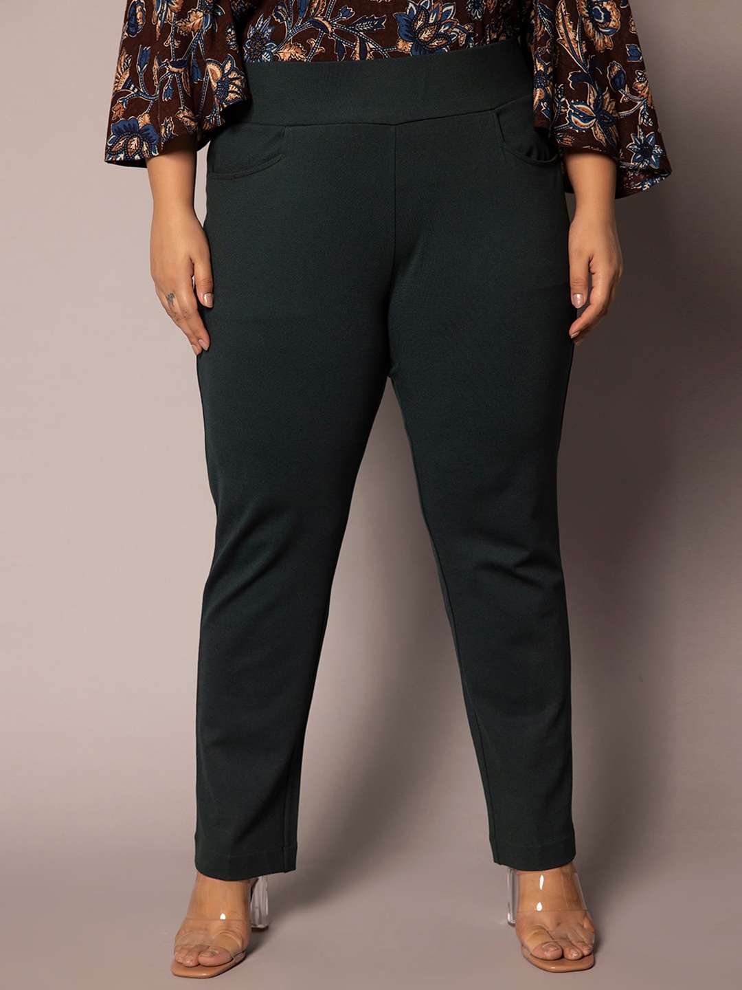 

PowerSutra Women Plus Size Tailored Skinny Fit High-Rise Easy Wash Trousers, Green