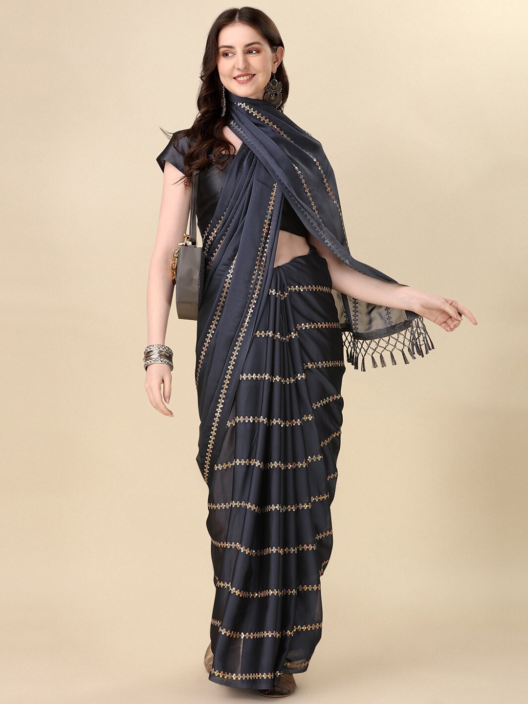 

KALINI Sequin Embellished Saree, Grey