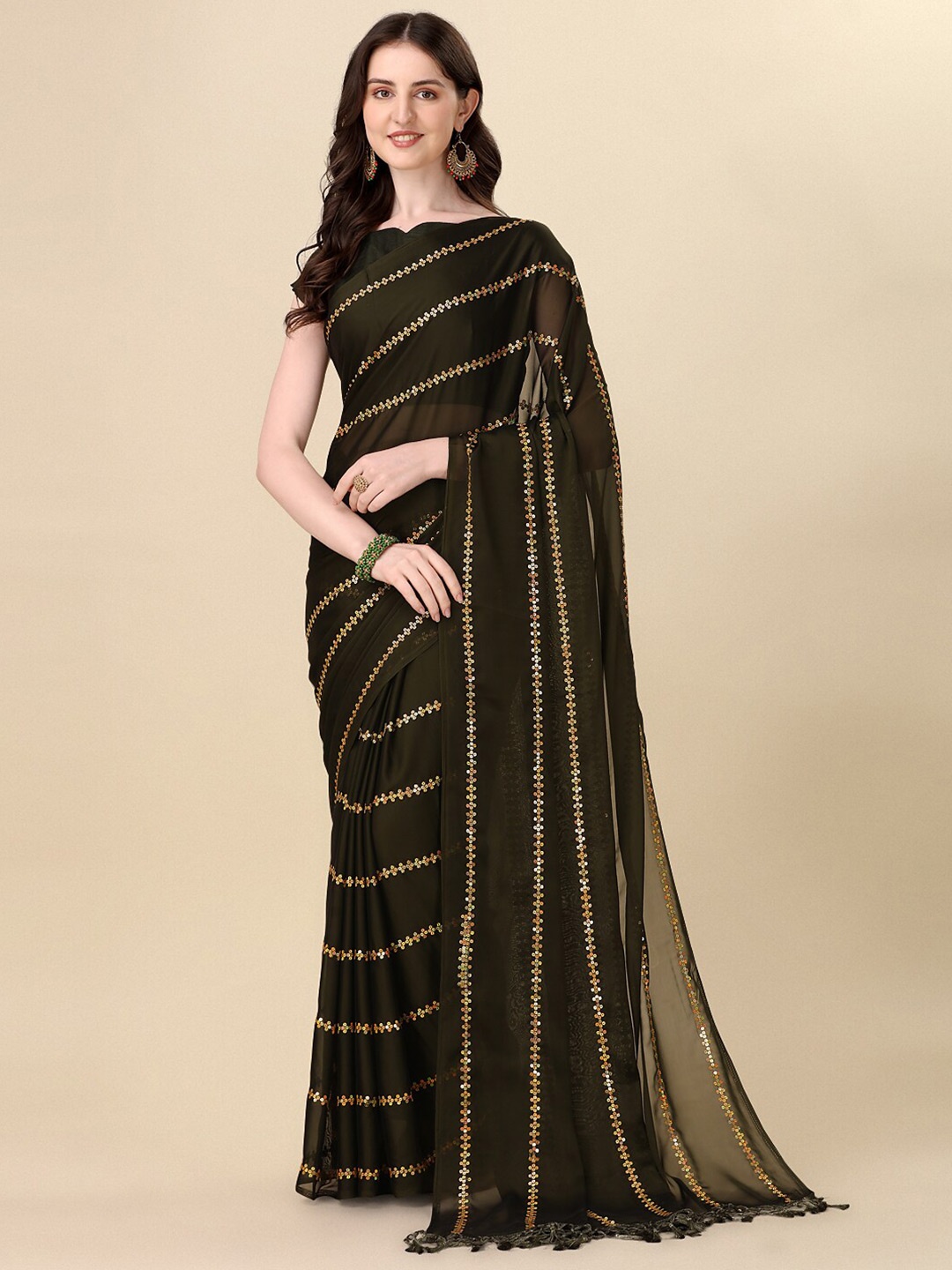 

KALINI Embellished Sequinned Silk Blend Saree With Tassle, Olive