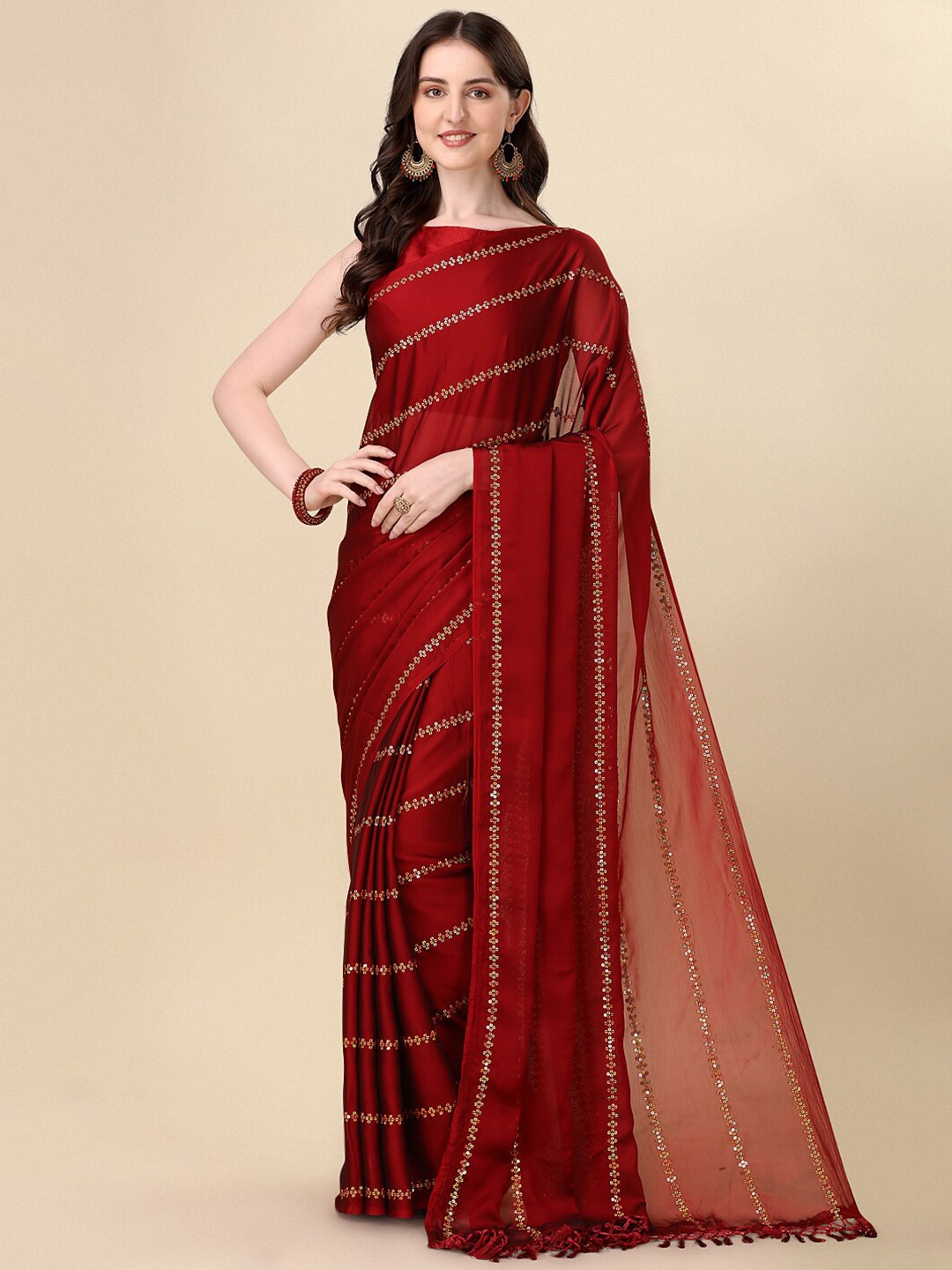 

KALINI Embellished Sequinned Silk Blend Saree With Tassle, Red