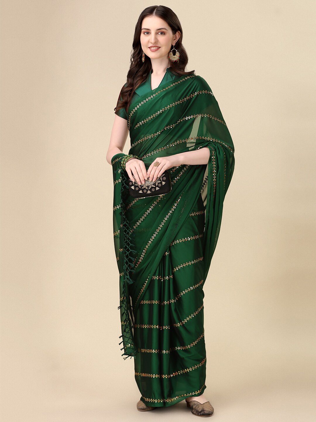 

KALINI Embellished Sequinned Silk Blend Saree With Tassle, Green