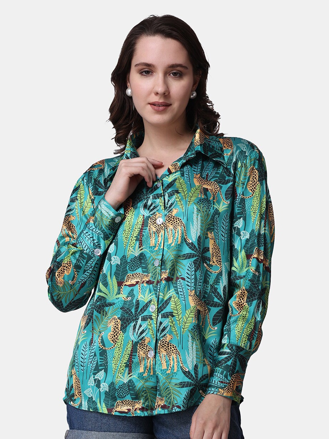 

Popwings Floral Printed Relaxed-Fit Satin Casual Shirt, Green