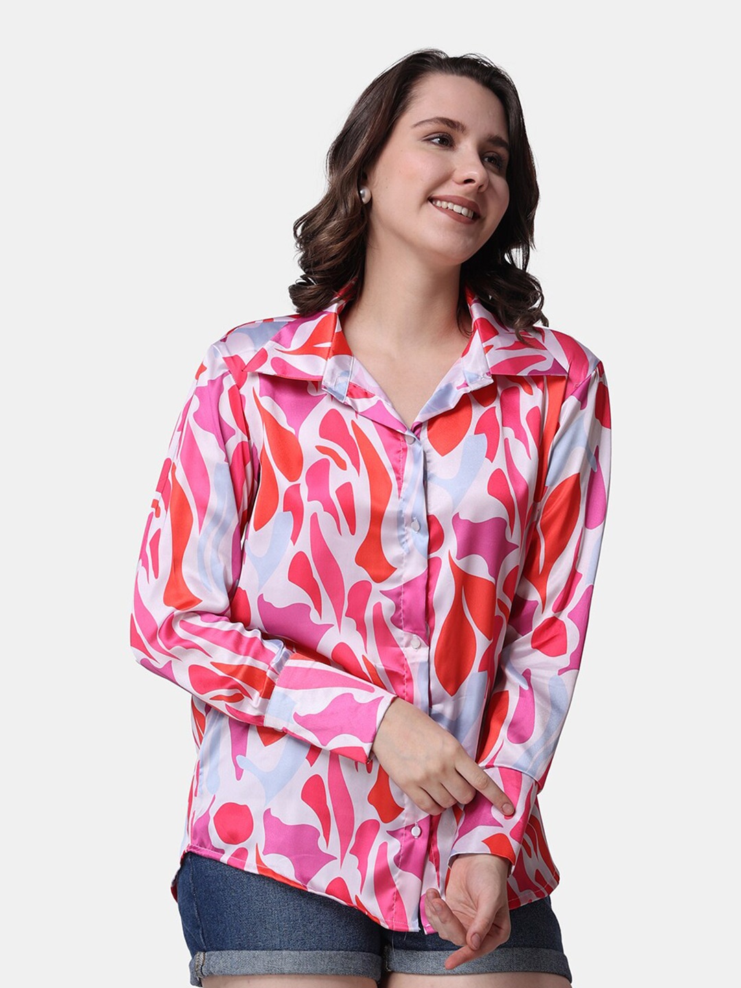 

Popwings Abstract Printed Relaxed-Fit Satin Casual Shirt, Pink