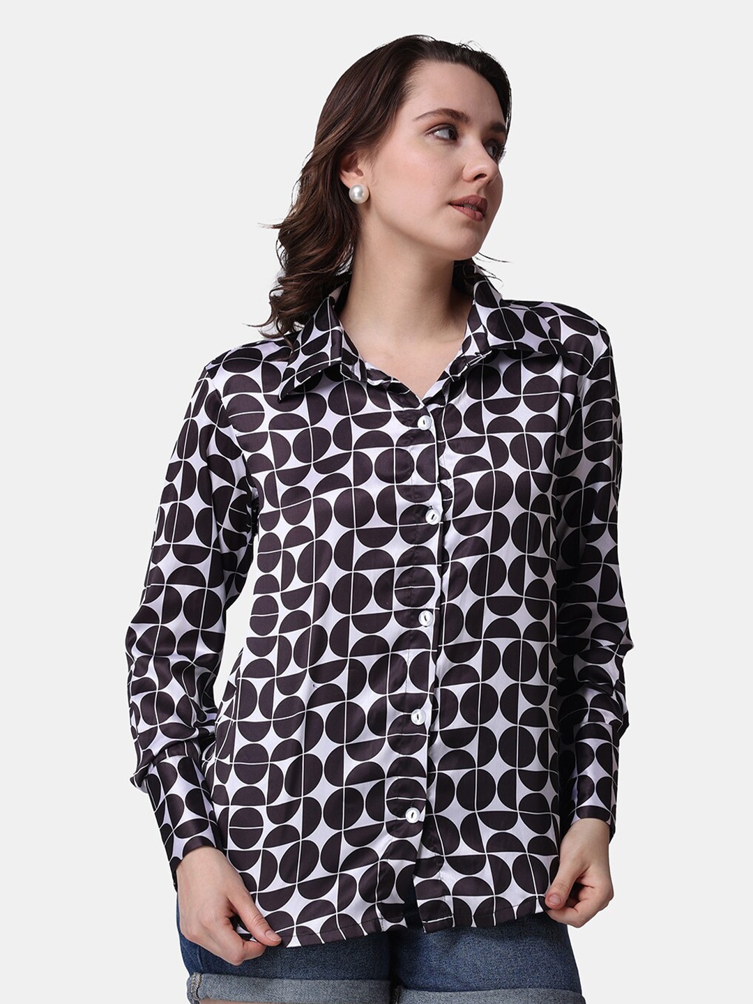 

Popwings Geometric Printed Relaxed-Fit Satin Casual Shirt, White