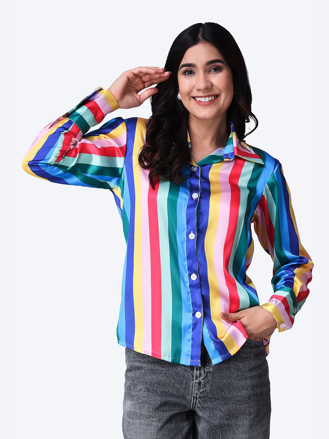 

Popwings Striped Relaxed-Fit Satin Casual Shirt, Blue