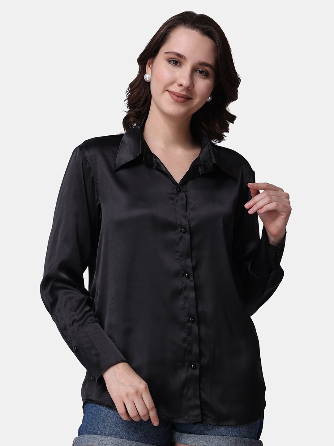 

Popwings Relaxed Fit Opaque Casual Satin Shirt, Black