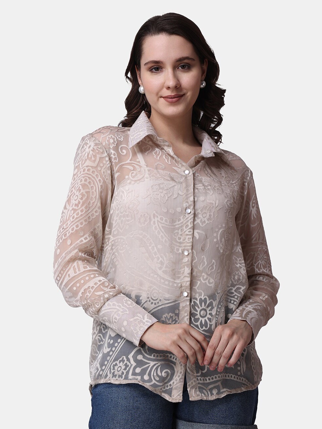 

Popwings Ethnic Motifs Printed Relaxed Sheer Casual Shirt, Beige