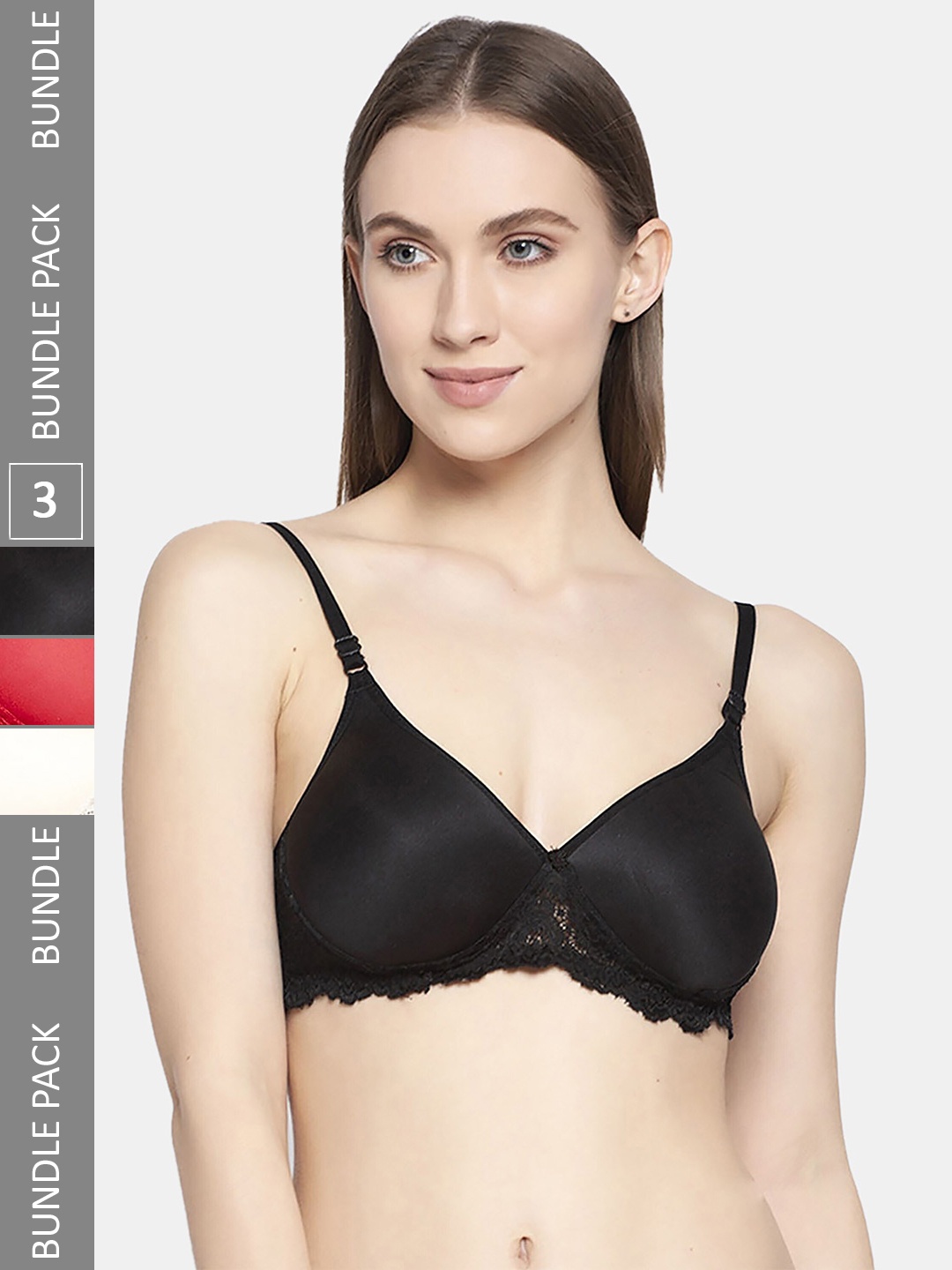 

AROUSY Pack Of 3 Printed Floral Lace Organic Cotton Full Coverage Minimizer Bra, Red
