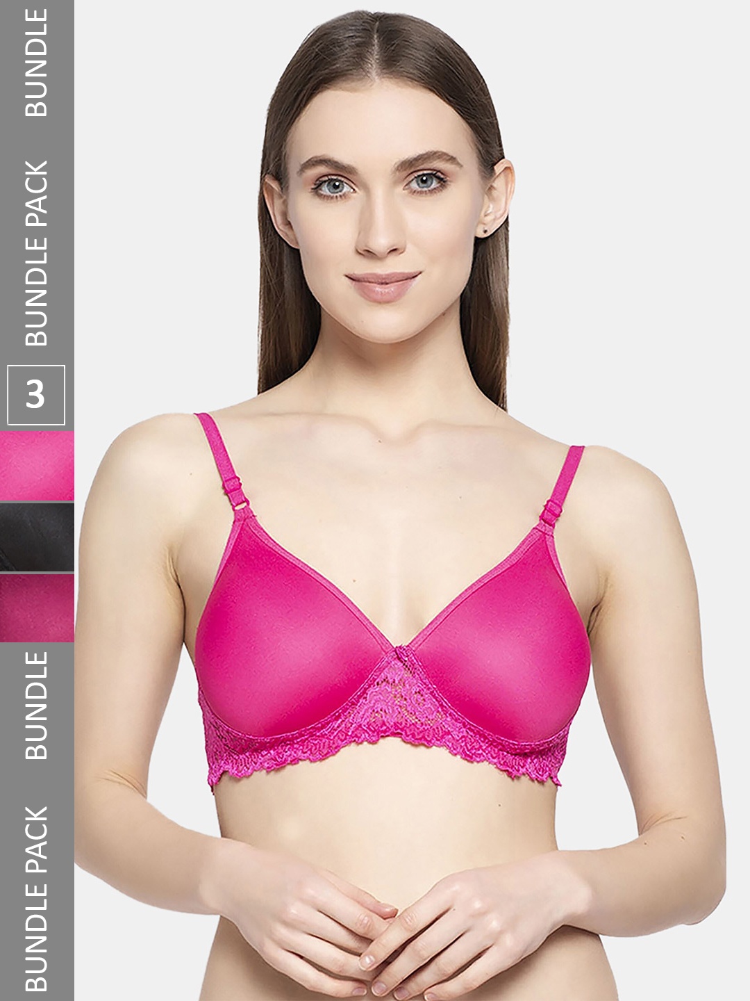 

AROUSY Pack Of 3 Floral Lace Seamless Non-Padded Full Coverage Organic Cotton Bra, Pink