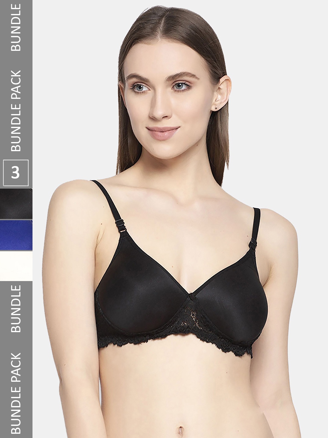 

AROUSY Pack Of 3 Floral Lace Seamless Non-Padded Full Coverage Organic Cotton Bra, Black