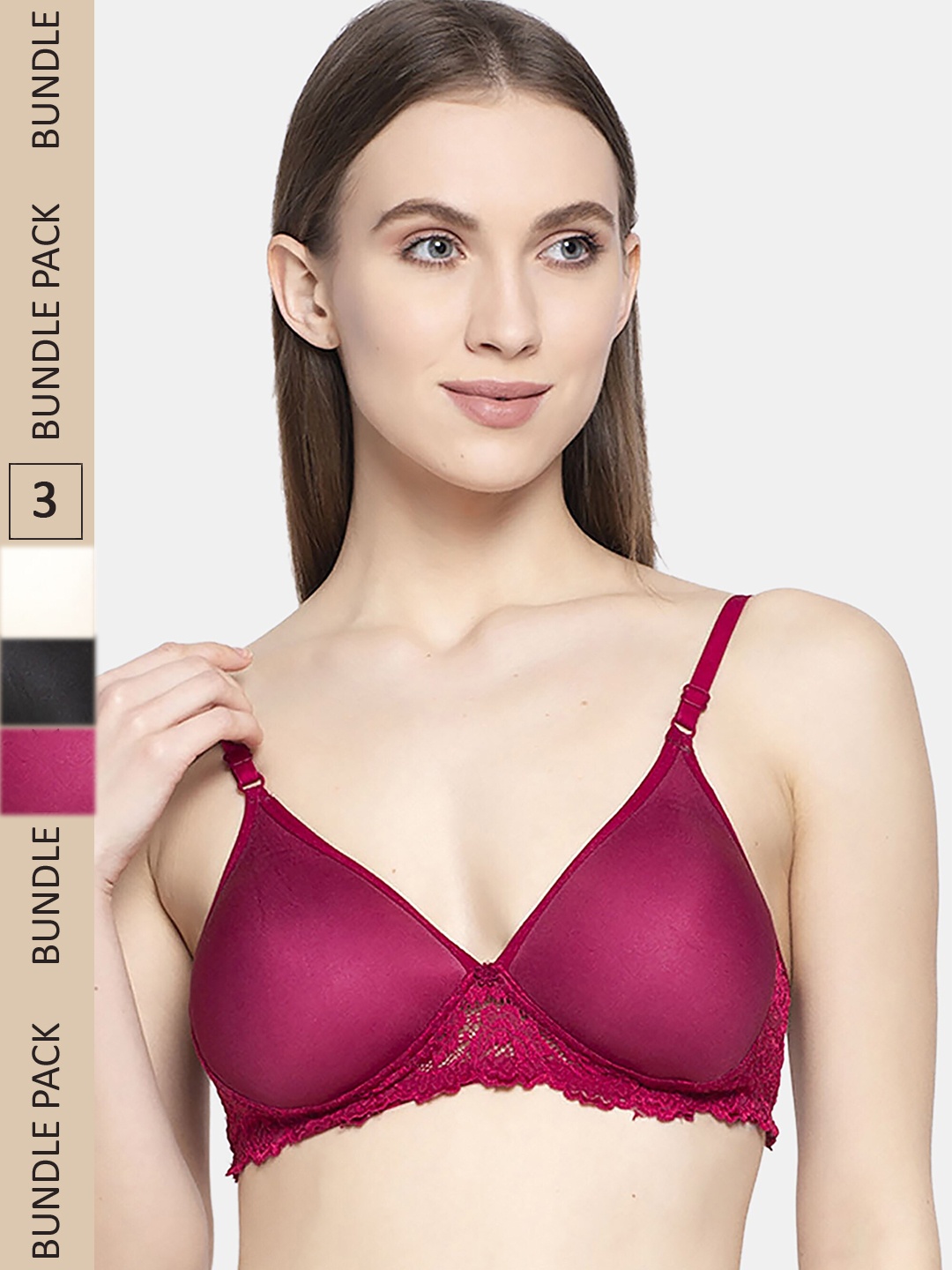 

AROUSY Pack Of 3 Floral Lace Seamless Non-Padded Full Coverage Organic Cotton Bra, Maroon