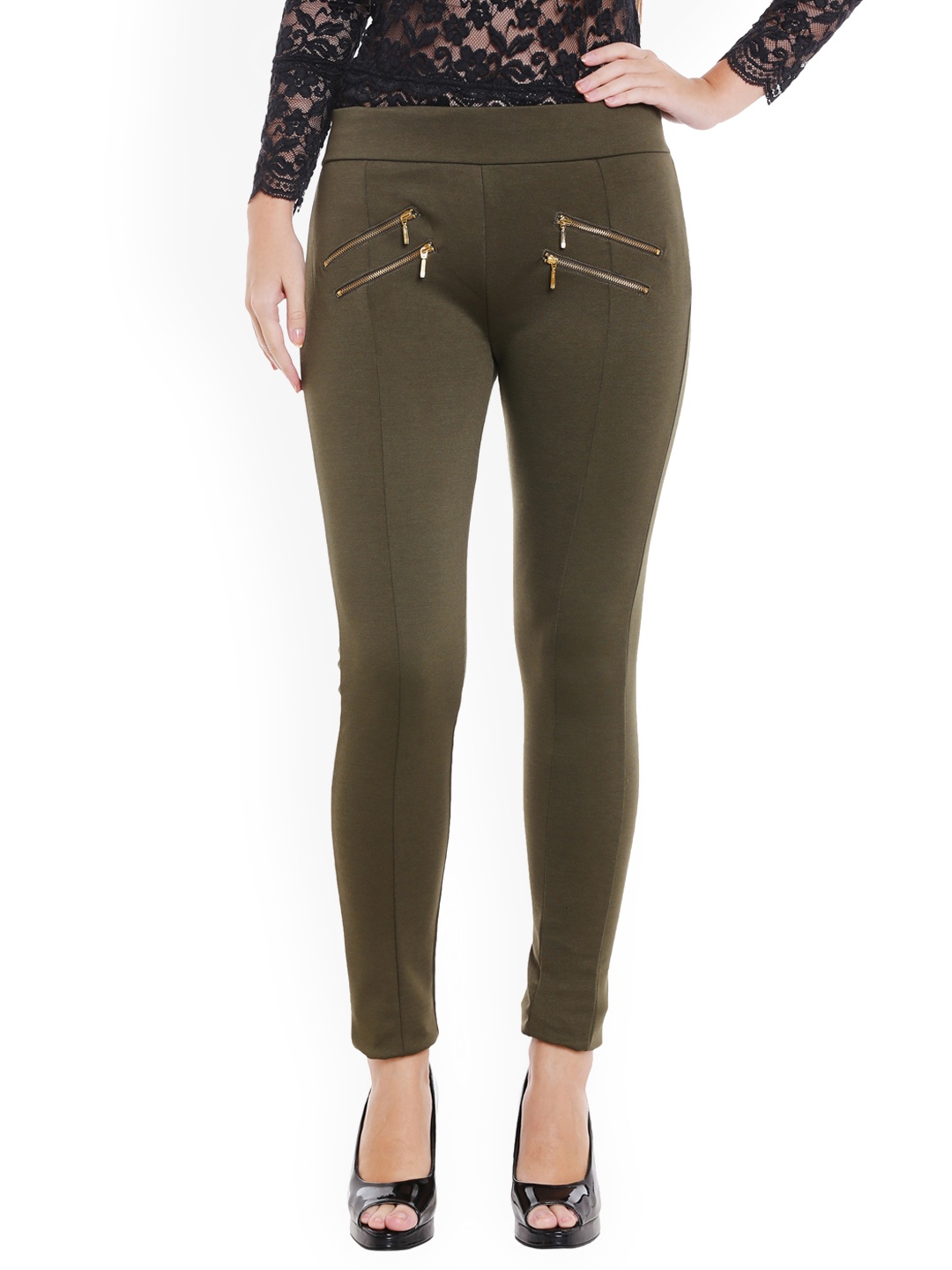 

Globus Women Olive Green Skinny Fit Solid Cigarette Trousers