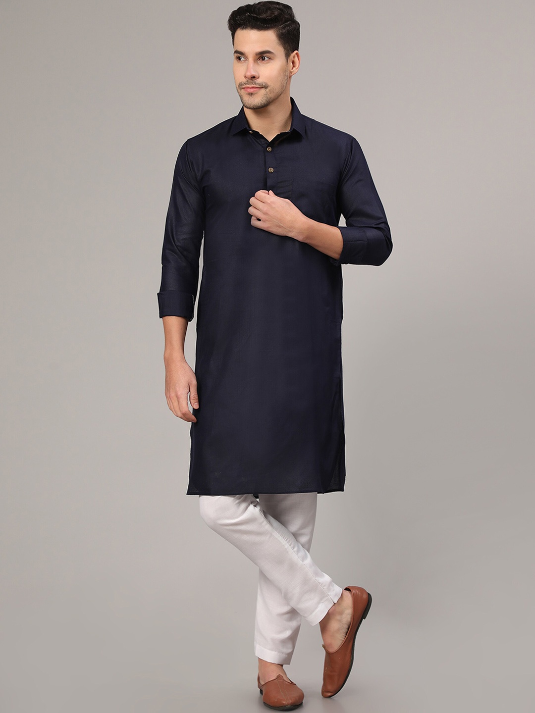 

Murta Trends Shirt Collar Regular Pathani Kurta With Pyjamas, Navy blue