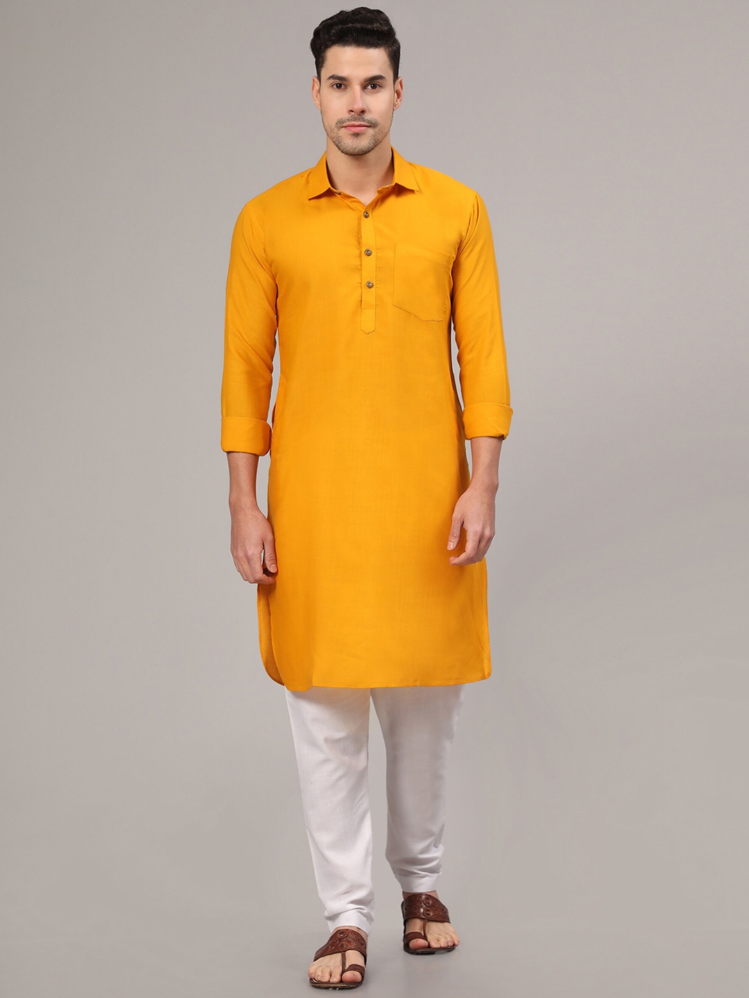 

Murta Trends Shirt Collar Pathani Kurta With Pyjamas, Yellow