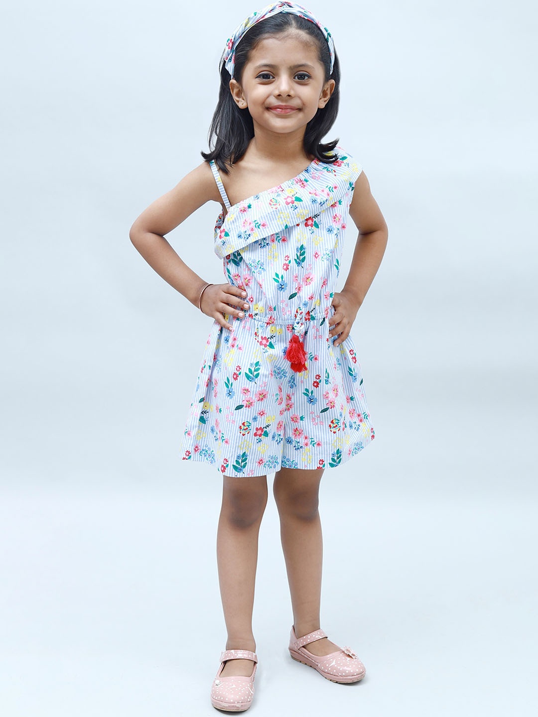 

NUEVOSDAMAS Girls Floral Printed Cotton Playsuit With Ruffles, Blue