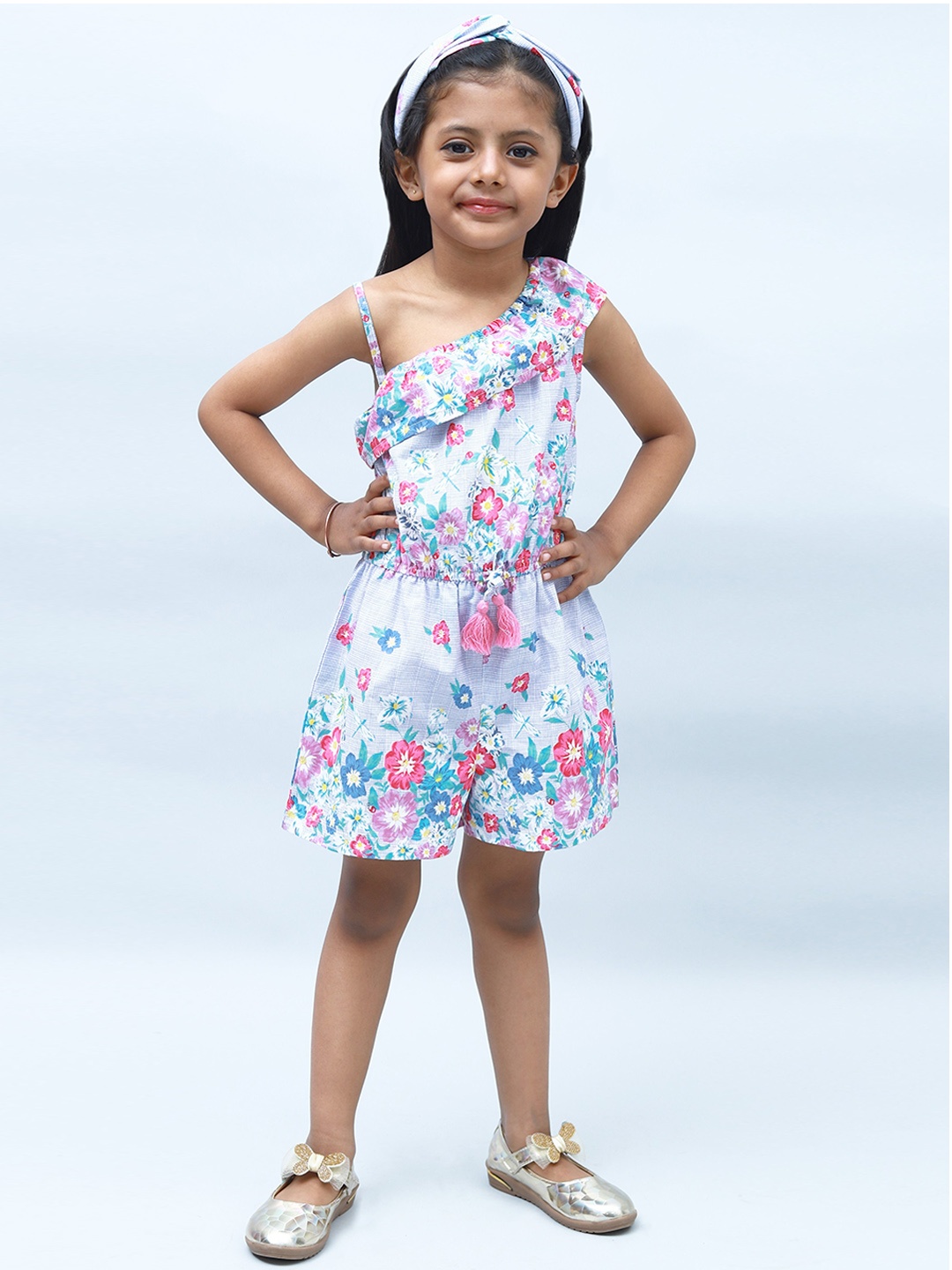 

NUEVOSDAMAS Girls Floral Printed Cotton Playsuit With Ruffles, Blue