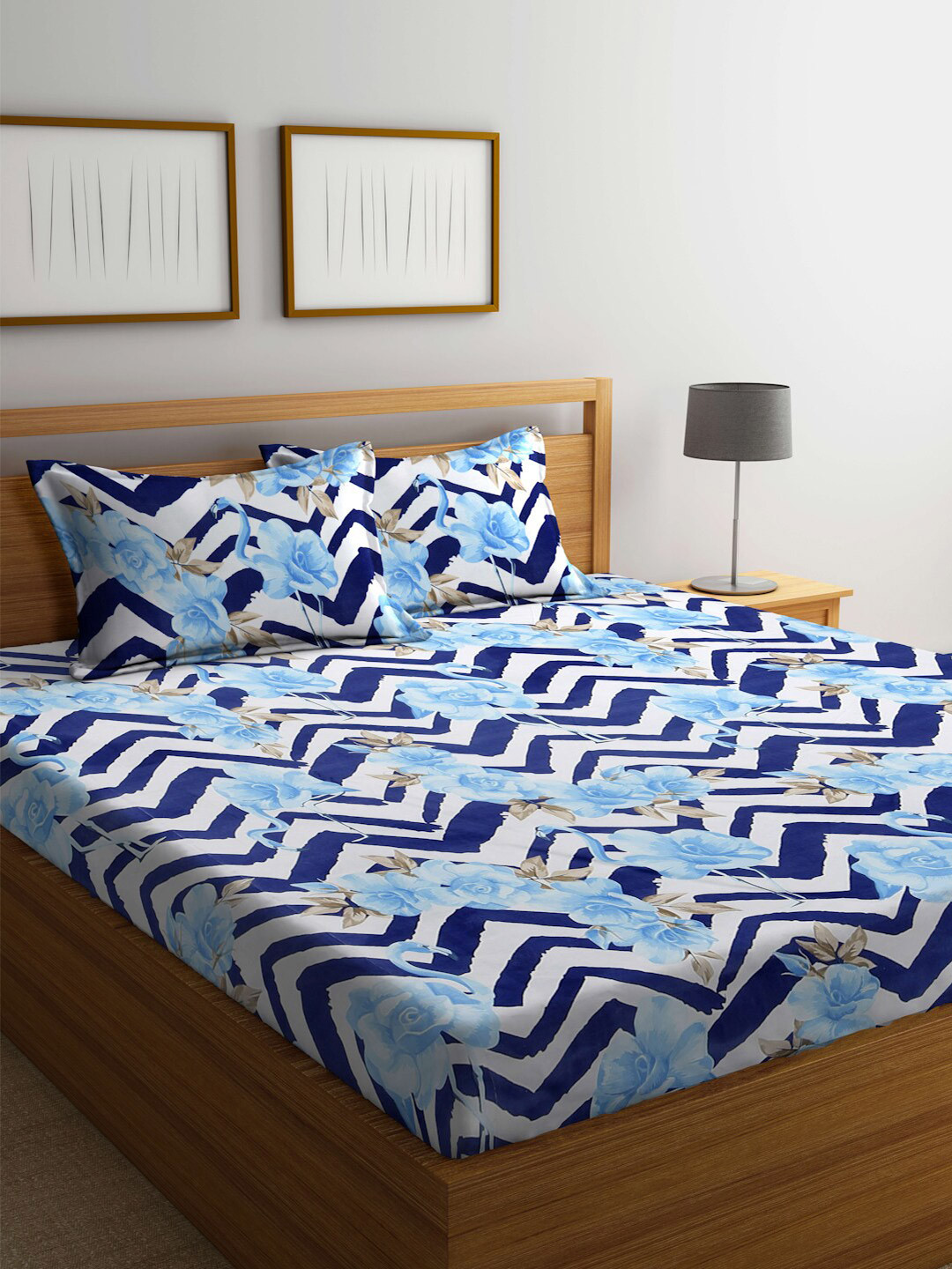 

FABINALIV Blue & White Floral 300 TC Fitted King Bedsheet With 2 Pillow Covers