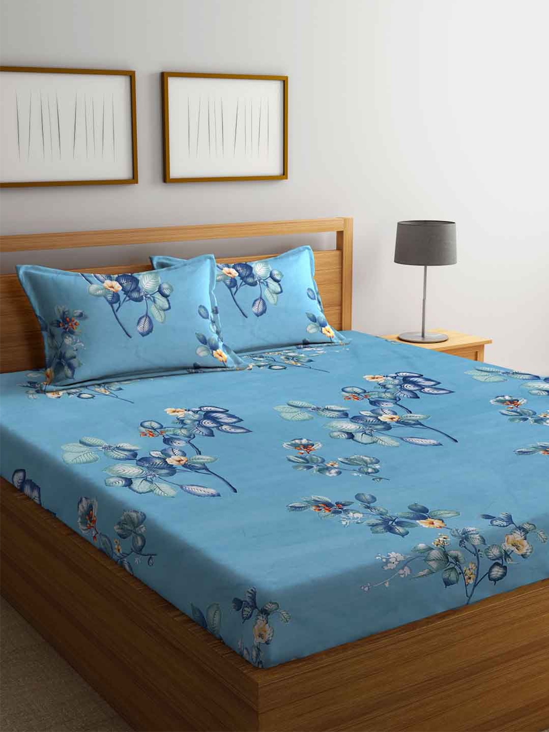 

FABINALIV Purple & Yellow Cartoon Print 300 TC Fitted King Bedsheet & 2 Pillow Covers, Blue