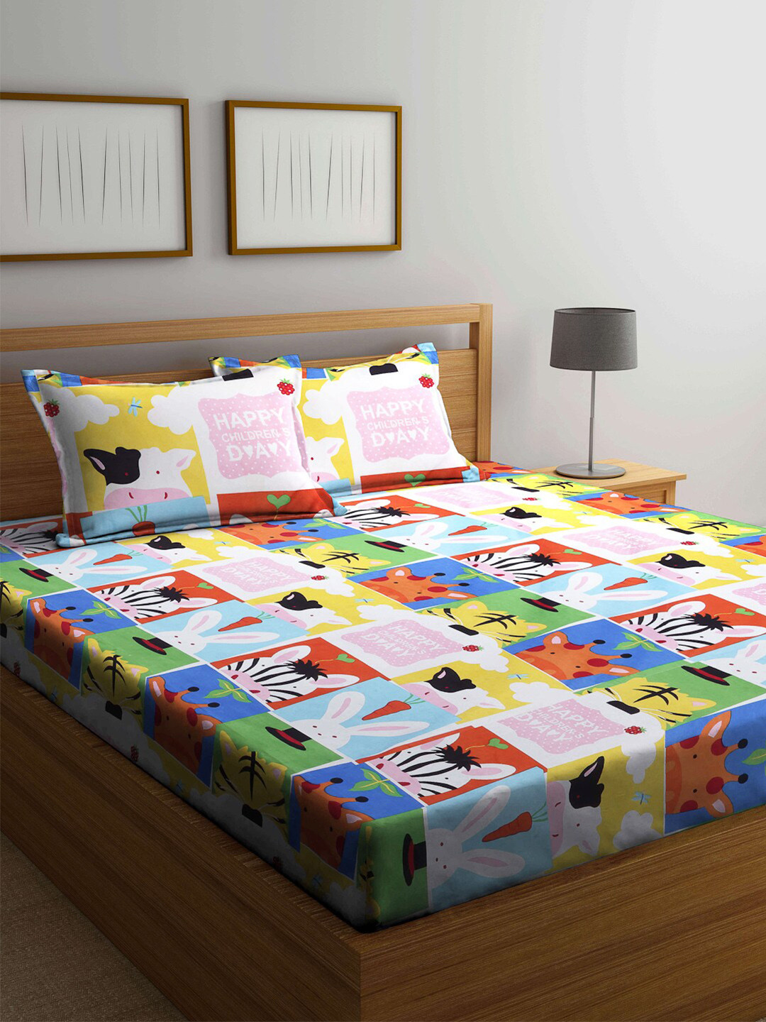 

FABINALIV White & Blue Cartoon Characters 300 TC Fitted King Bedsheet & 2 Pillow Covers