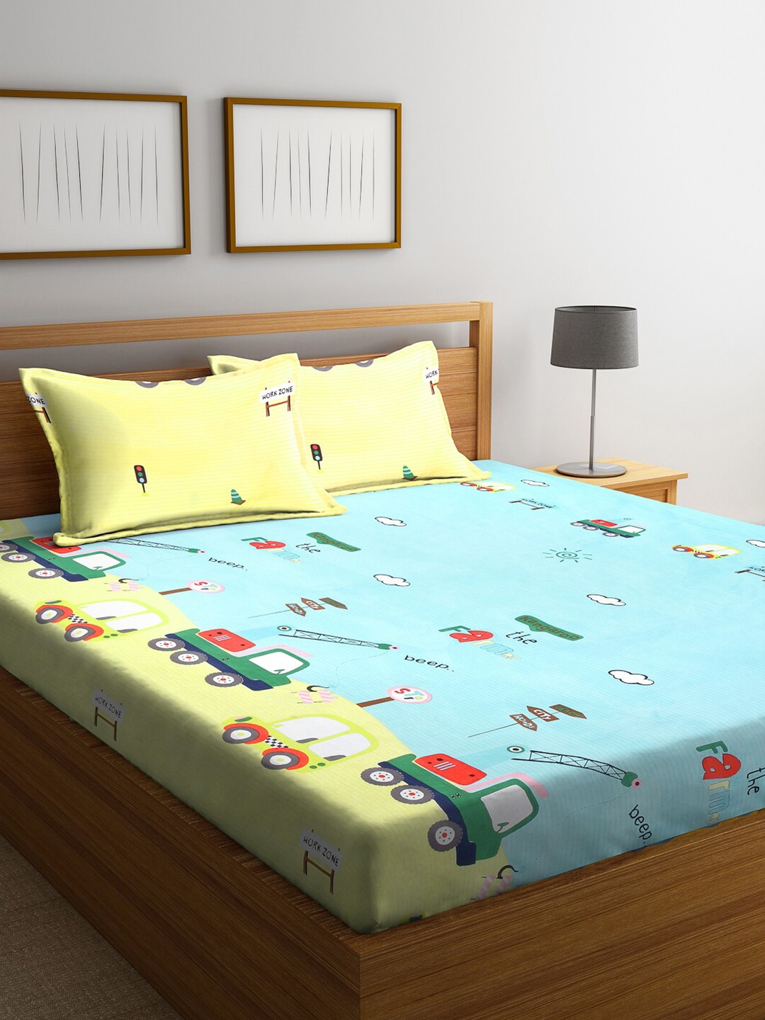 

FABINALIV Blue & Yellow Cartoon Print 300 TC Fitted King Bedsheet & 2 Pillow Covers