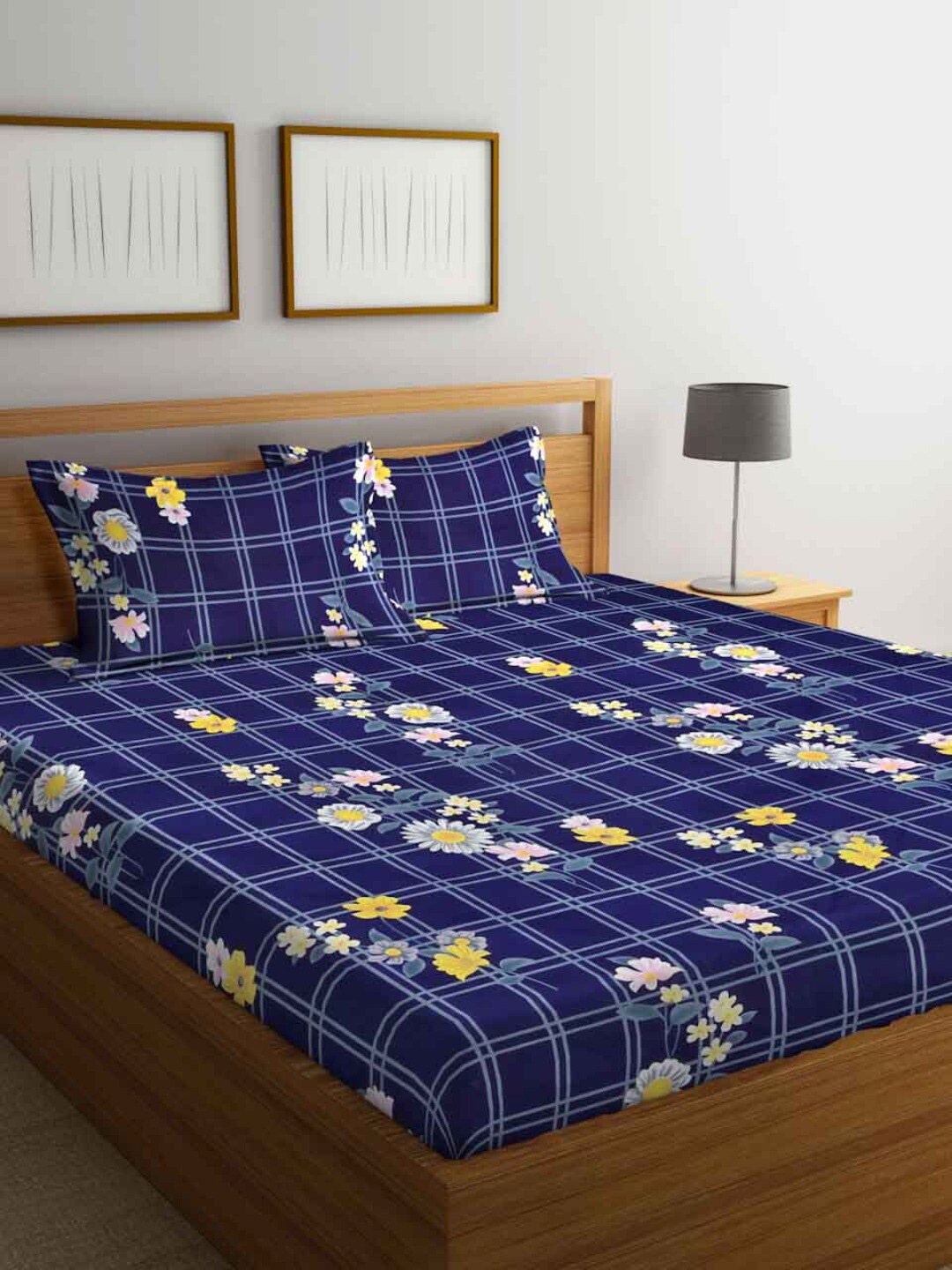

FABINALIV Blue & Yellow Floral Printed 300 TC Fitted King Bedsheet & 2 Pillow Covers