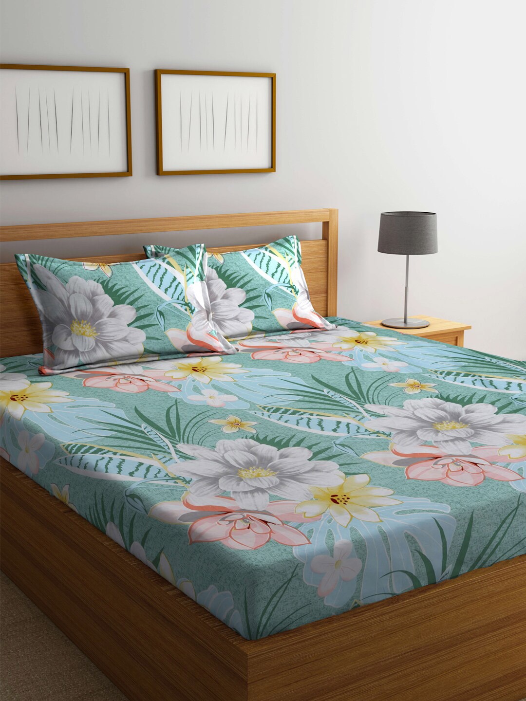 

FABINALIV Green & White Floral 300 TC Fitted King Bedsheet With 2 Pillow Covers