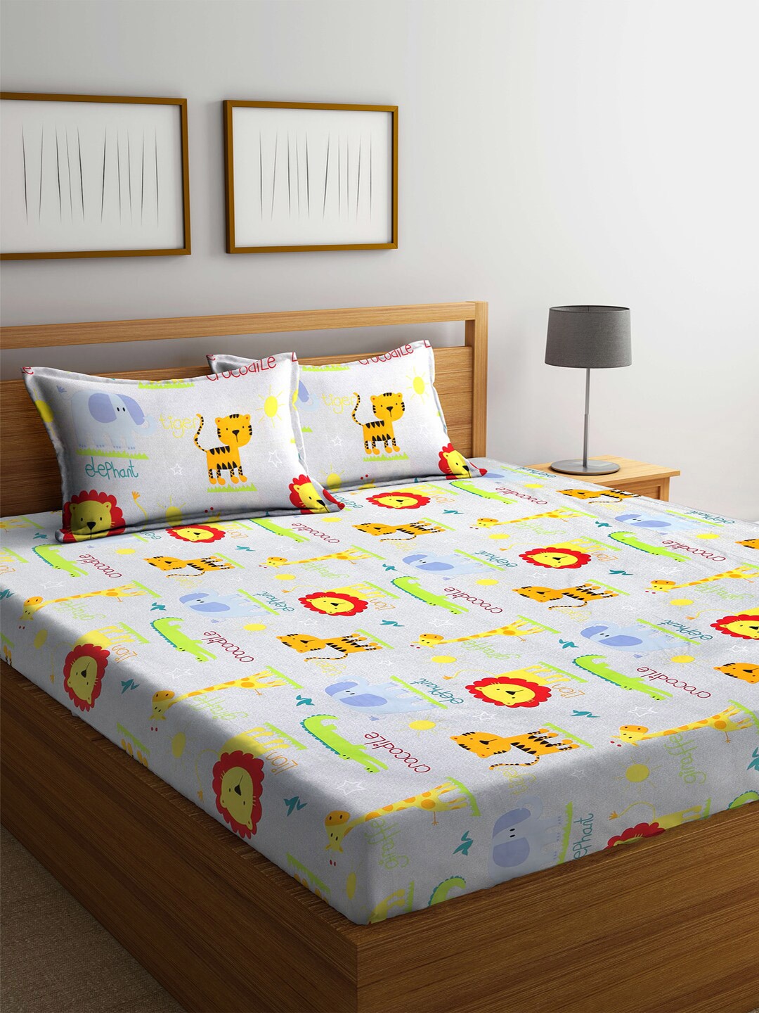 

FABINALIV White & Green Cartoon Print 300 TC Fitted King Bedsheet & 2 Pillow Covers