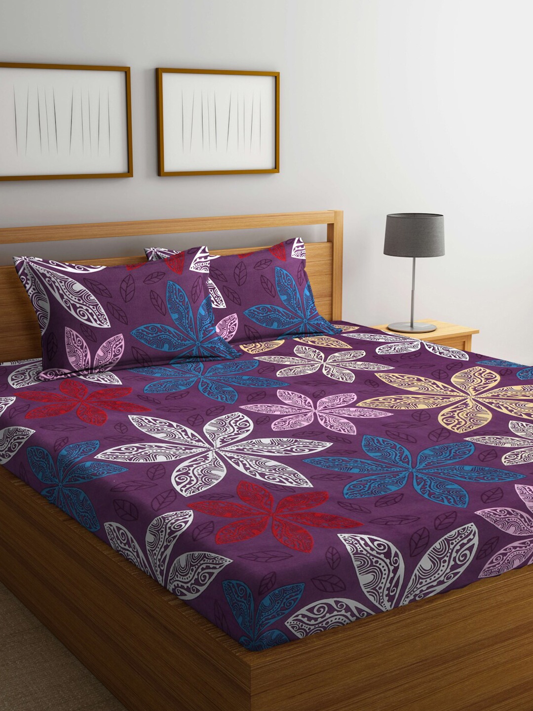 

FABINALIV Violet & White Floral 300 TC Fitted King Bedsheet With 2 Pillow Covers