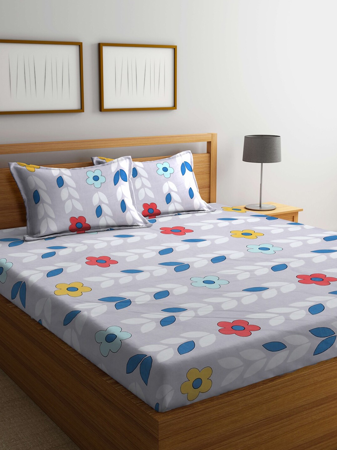 

FABINALIV Grey & Blue Floral 300 TC Fitted King Bedsheet With 2 Pillow Covers