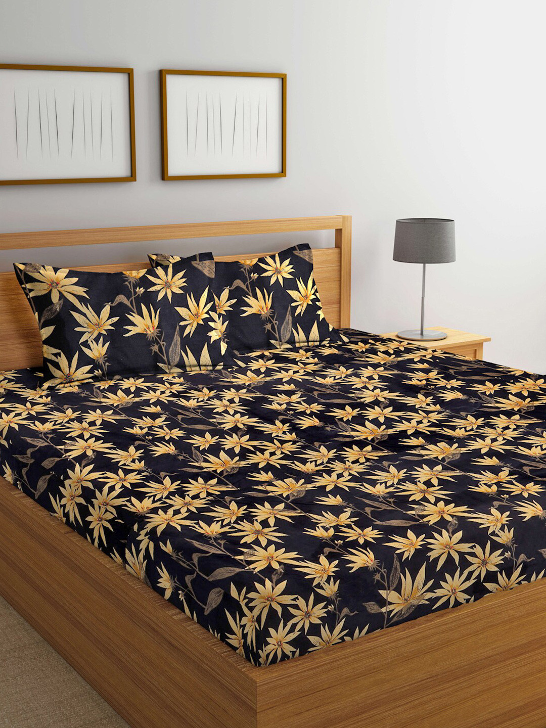 

FABINALIV Black & Yellow Floral 300 TC Fitted King Bedsheet With 2 Pillow Covers