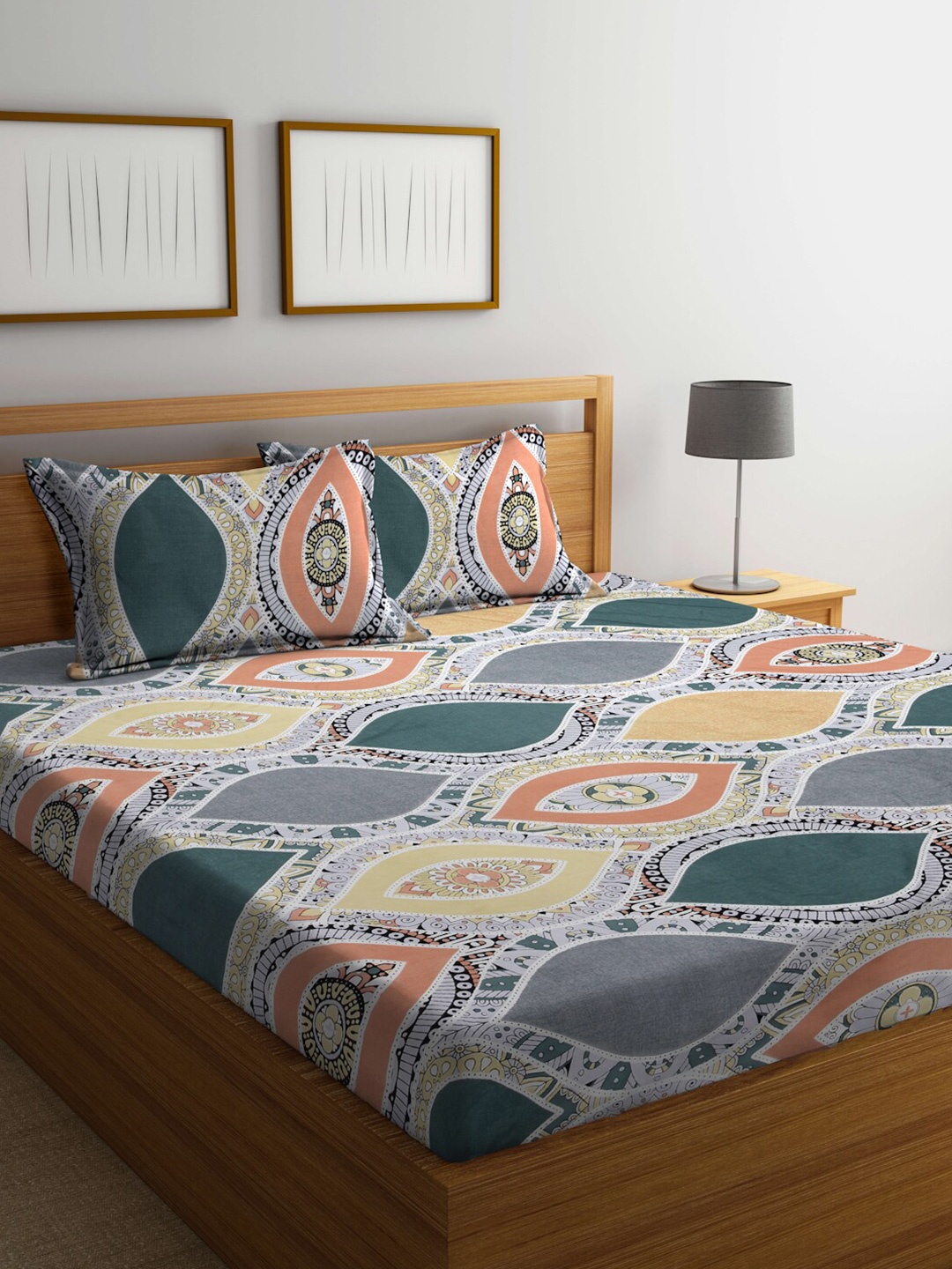 

FABINALIV Grey & Green Ethnic Motifs Print 300 TC Fitted King Bedsheet & 2 Pillow Covers, White