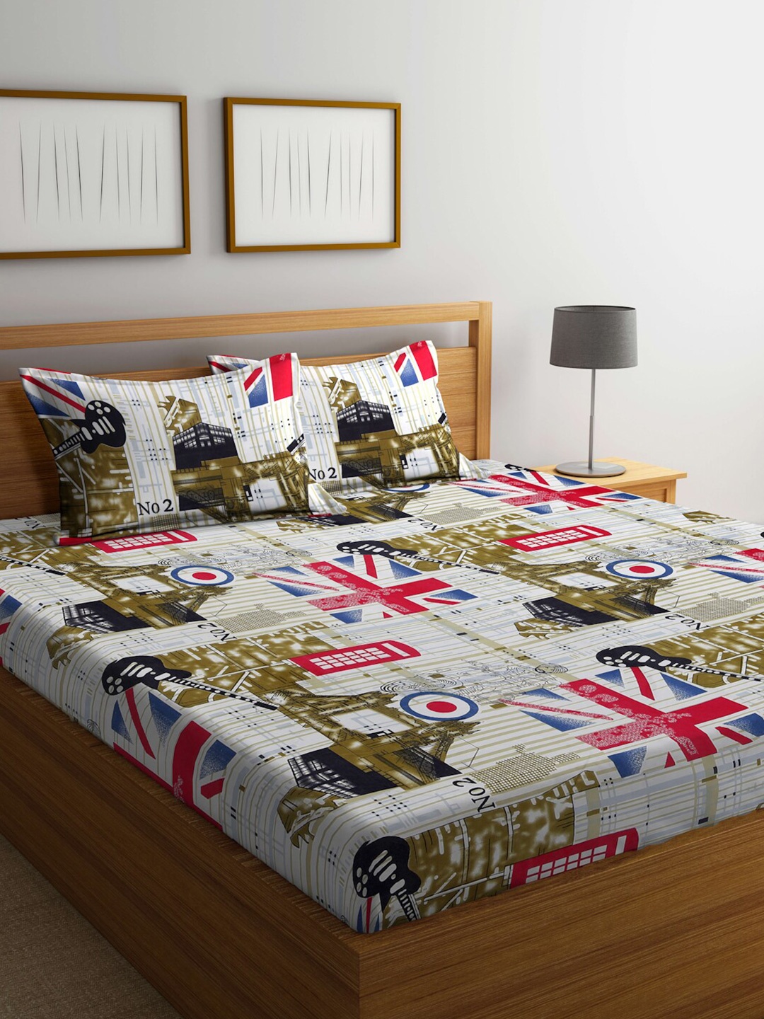 

FABINALIV White & Green Printed 300 TC Fitted King Bedsheet & 2 Pillow Covers
