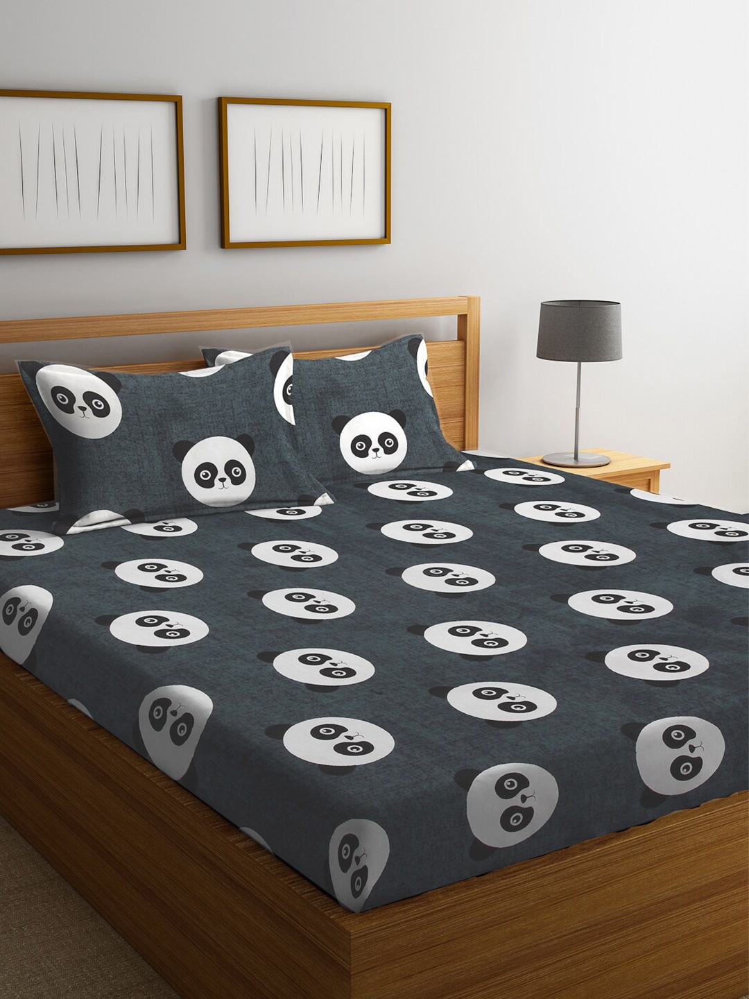 

FABINALIV Grey & White Cartoon Print 300 TC Fitted King Bedsheet & 2 Pillow Covers