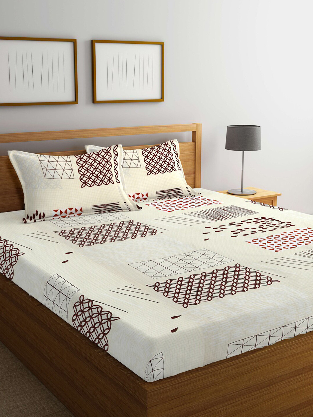 

FABINALIV Cream-Coloured & Brown Geometric 300 TC Fitted King Bedsheet & 2 Pillow Covers