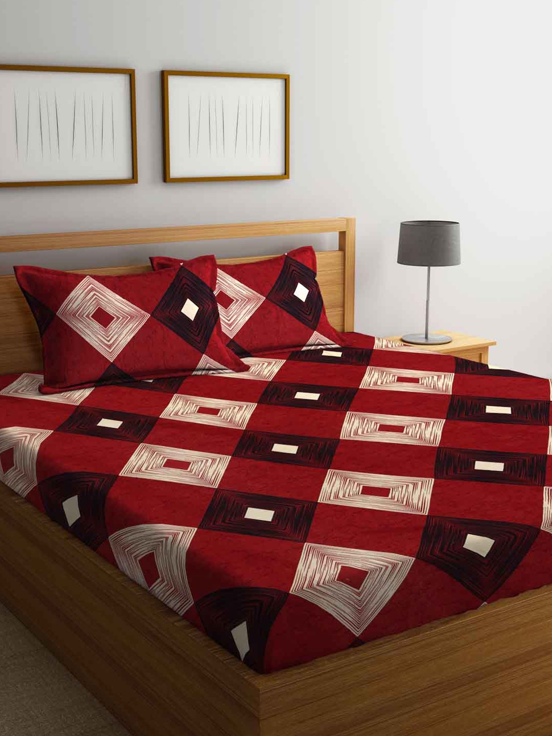 

FABINALIV Cream & Maroon Geometric Print 300 TC Fitted King Bedsheet & 2 Pillow Covers