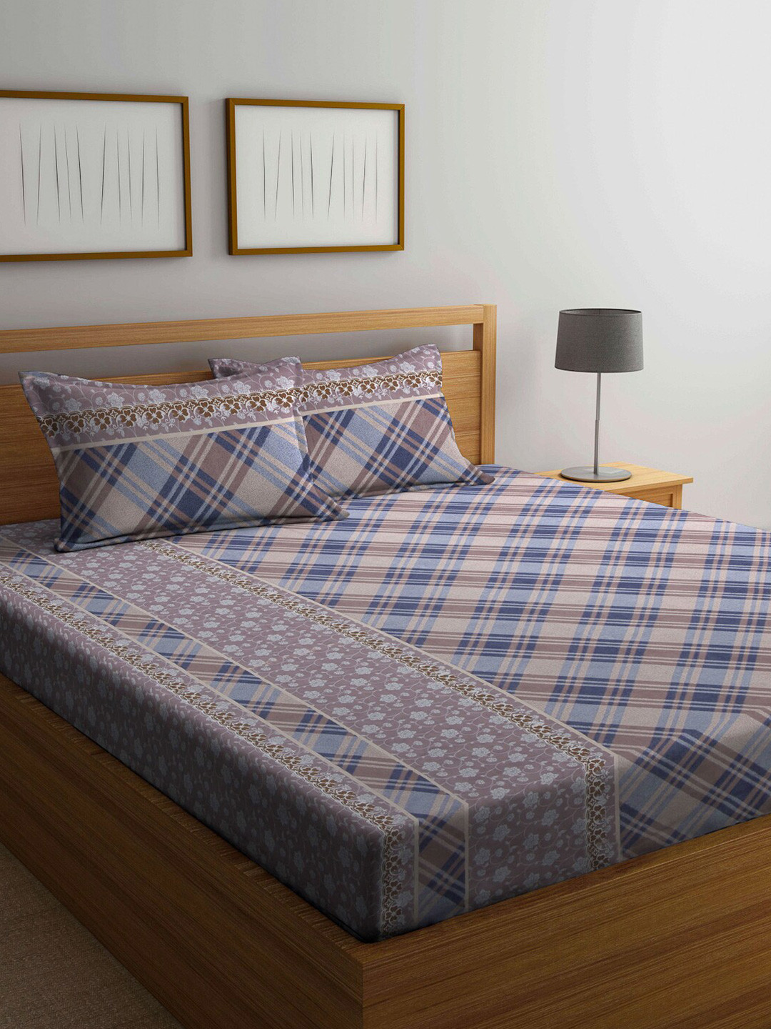 

FABINALIV Blue & Grey Geometric Printed 300 TC Fitted King Bedsheet & 2 Pillow Covers