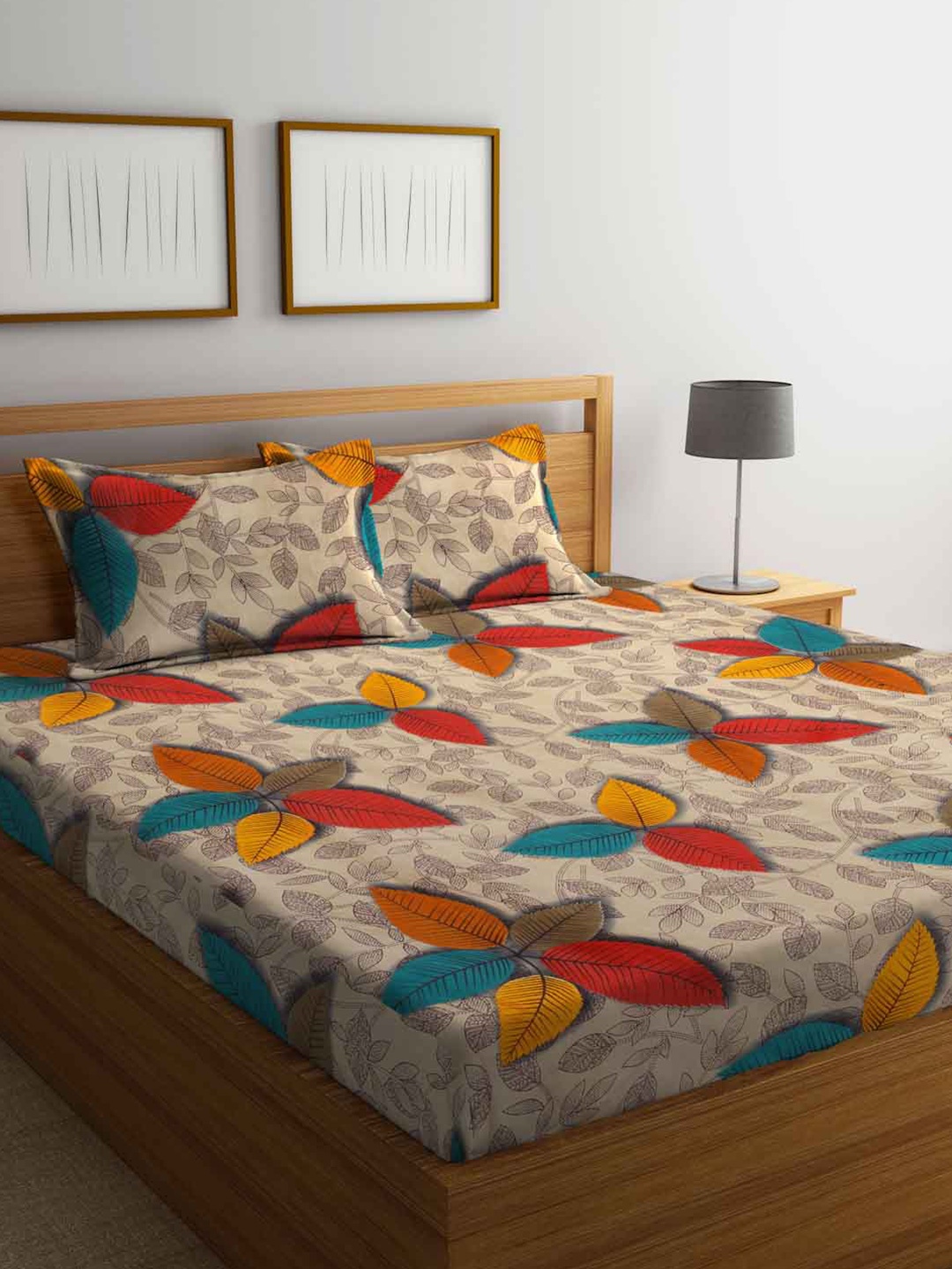 

FABINALIV Brown & Red Floral Printed 300 TC Fitted King Bedsheet & 2 Pillow Covers