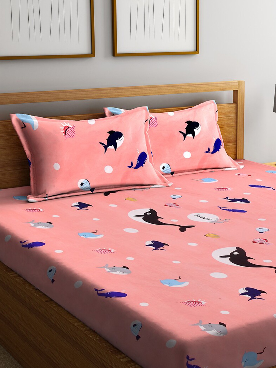 

FABINALIV Peach-Coloured Cartoon Print 300 TC Fitted King Bedsheet & 2 Pillow Covers