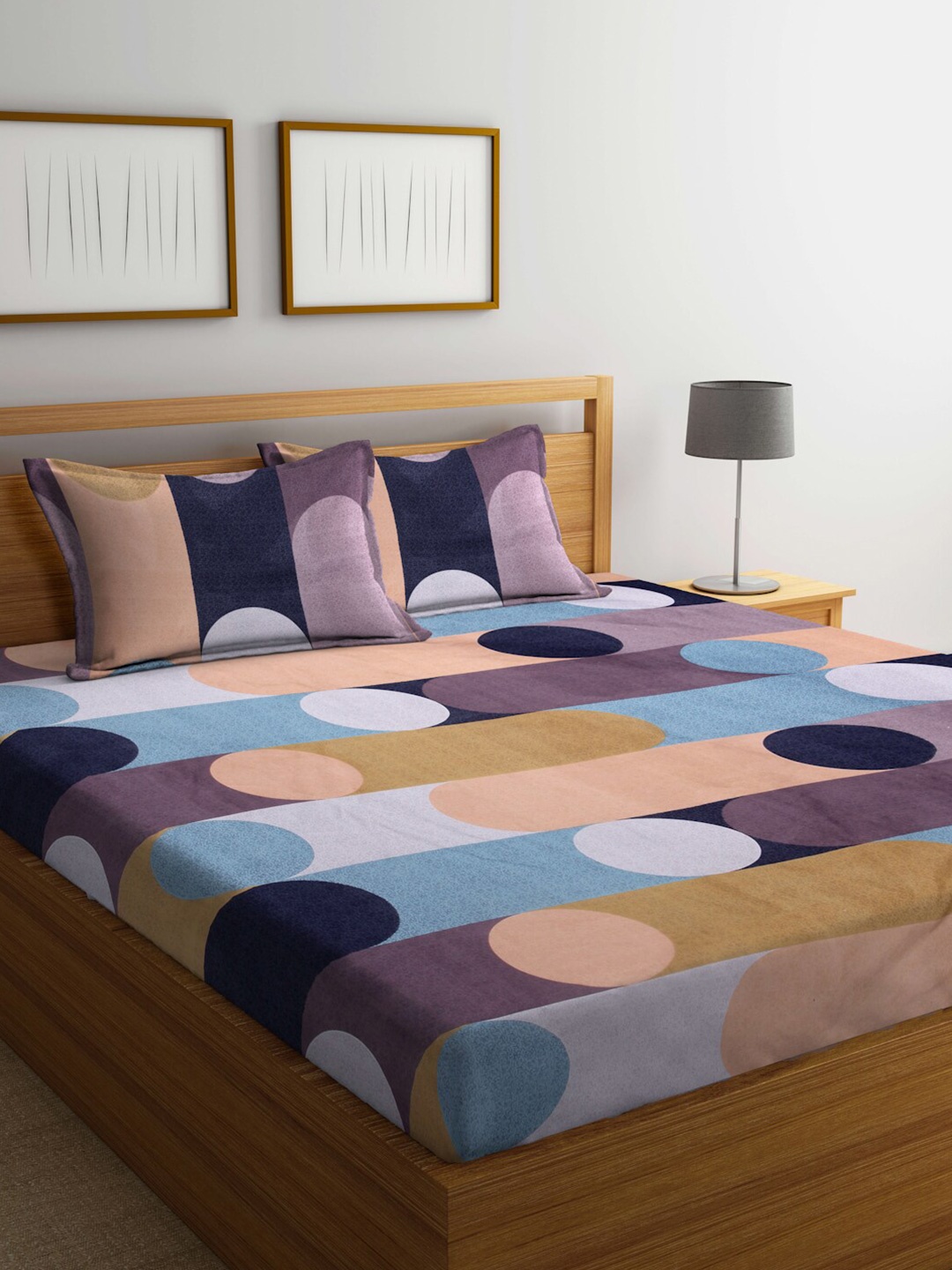 

FABINALIV White & Blue Geometric 300 TC Fitted King Bedsheet With 2 Pillow Covers