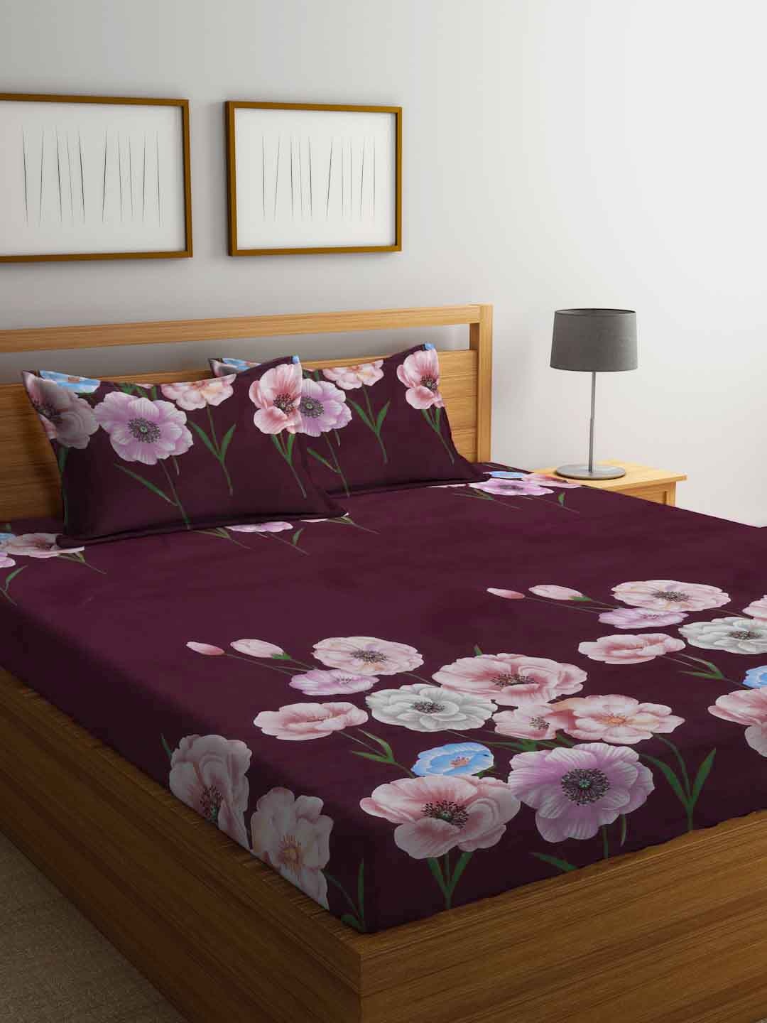 

FABINALIV Maroon & Pink Floral 300 TC Fitted King Bedsheet With 2 Pillow Covers