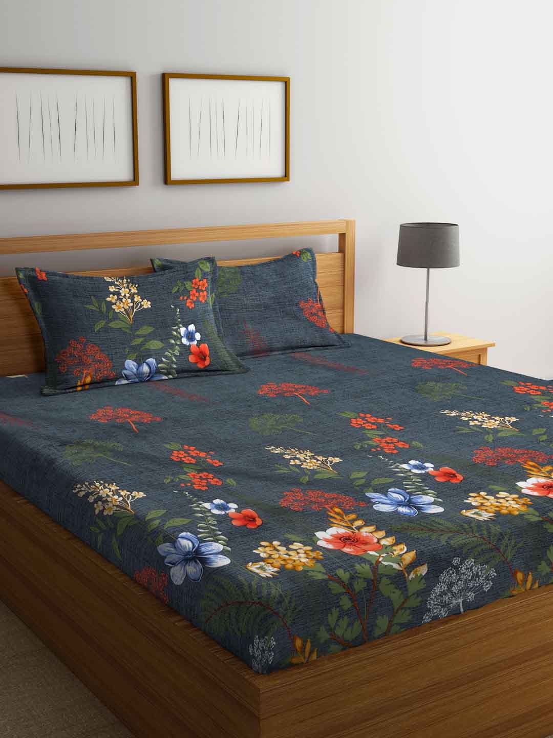 

FABINALIV Grey & Orange Floral Print 300 TC Fitted King Bedsheet & 2 Pillow Covers