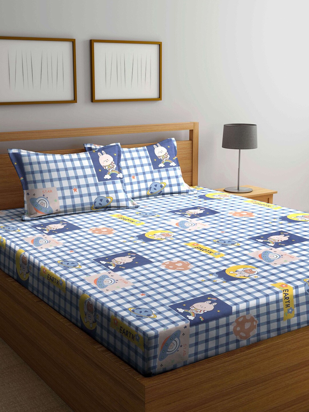

FABINALIV Blue & White Cartoon Print 300 TC Fitted King Bedsheet & 2 Pillow Covers