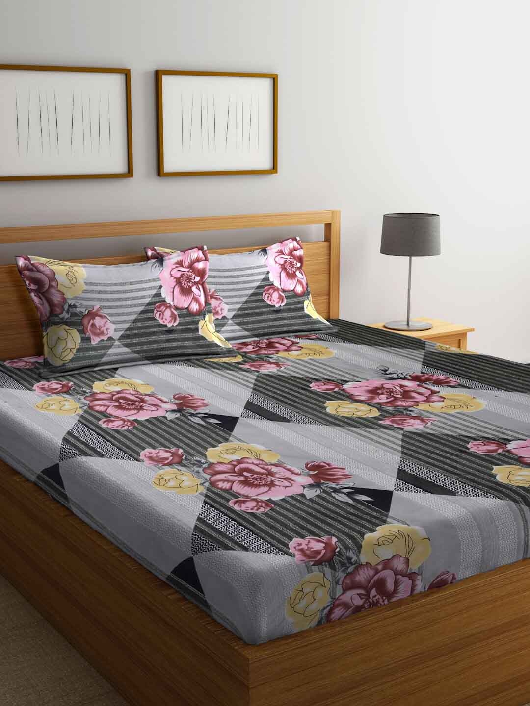 

FABINALIV Grey & Pink Floral 300 TC Fitted King Bedsheet With 2 Pillow Covers