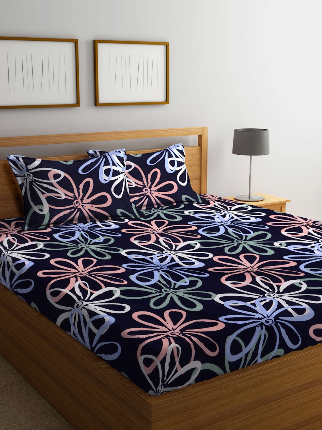 

FABINALIV Blue & White Floral Printed 300 TC Fitted King Bedsheet & 2 Pillow Covers