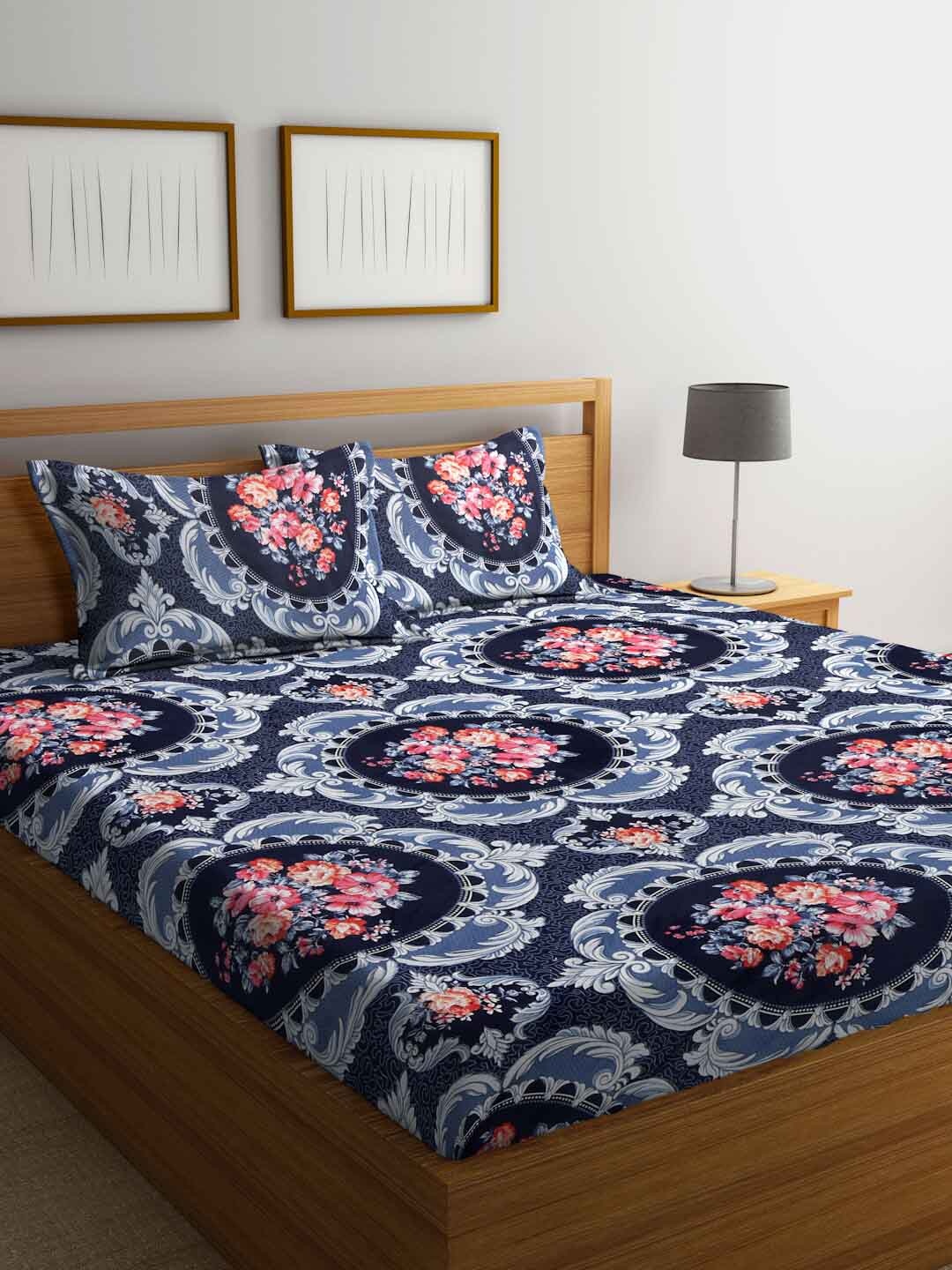 

FABINALIV Blue & Grey Floral 300 TC Fitted King Bedsheet With 2 Pillow Covers