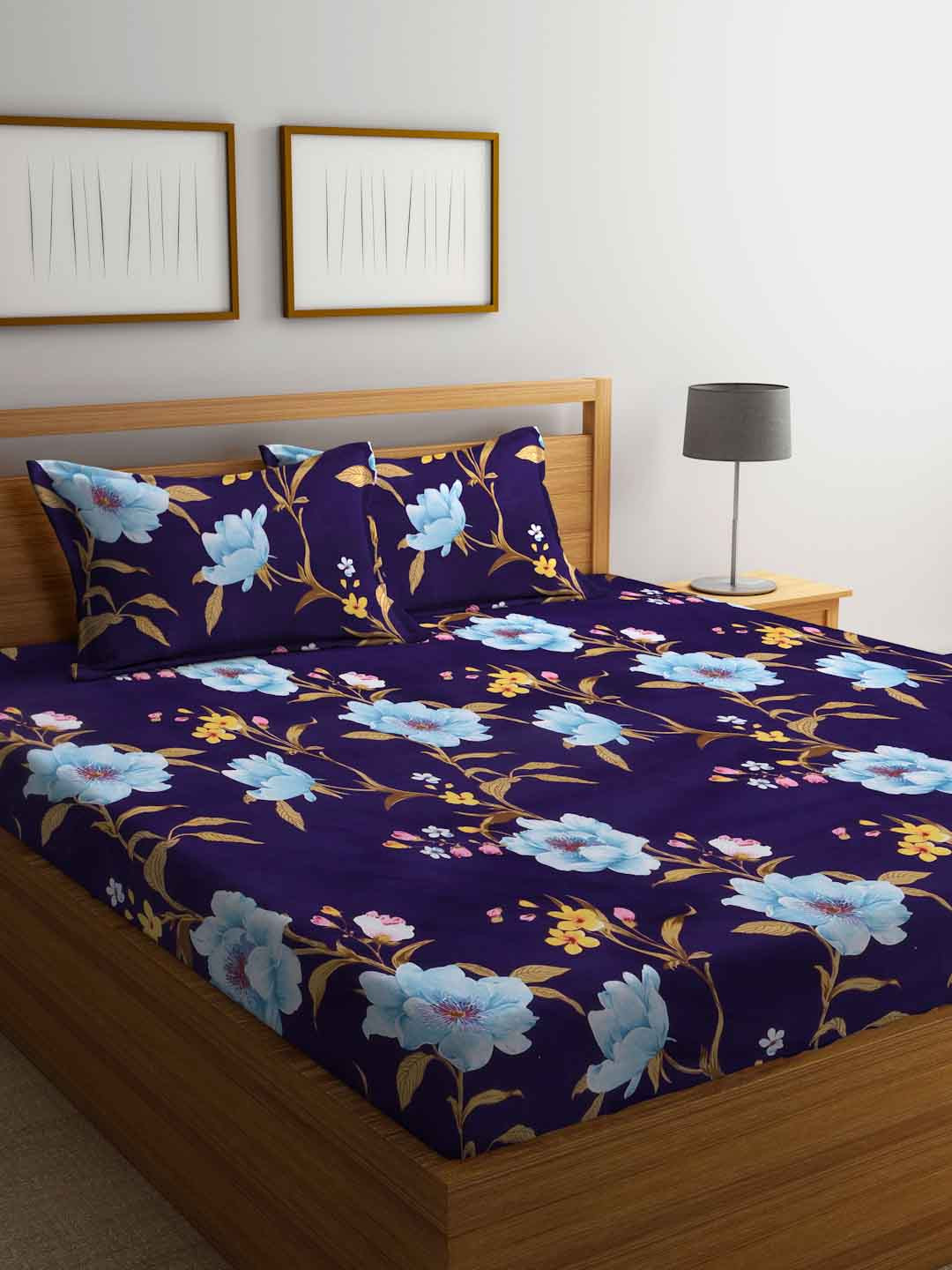 

FABINALIV Purple & Blue Floral 300 TC Fitted King Bedsheet With 2 Pillow Covers
