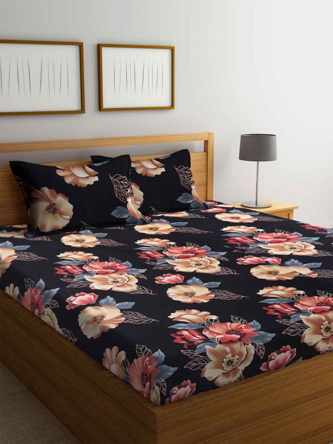 

FABINALIV Black & Brown Floral Printed 300 TC Fitted King Bedsheet & 2 Pillow Covers