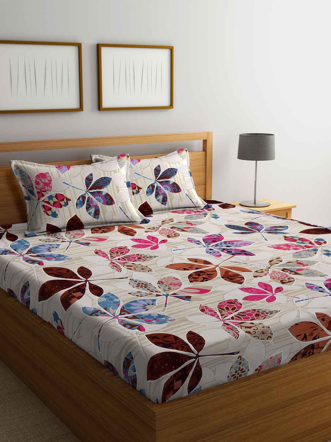 

FABINALIV Beige & Pink Floral 300 TC Fitted King Bedsheet With 2 Pillow Covers